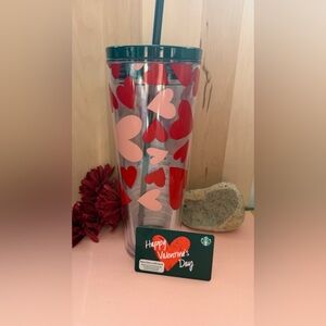 Starbucks Valentine Tumbler Cup Mug Red & Pink Hearts & Matching Starbucks Card